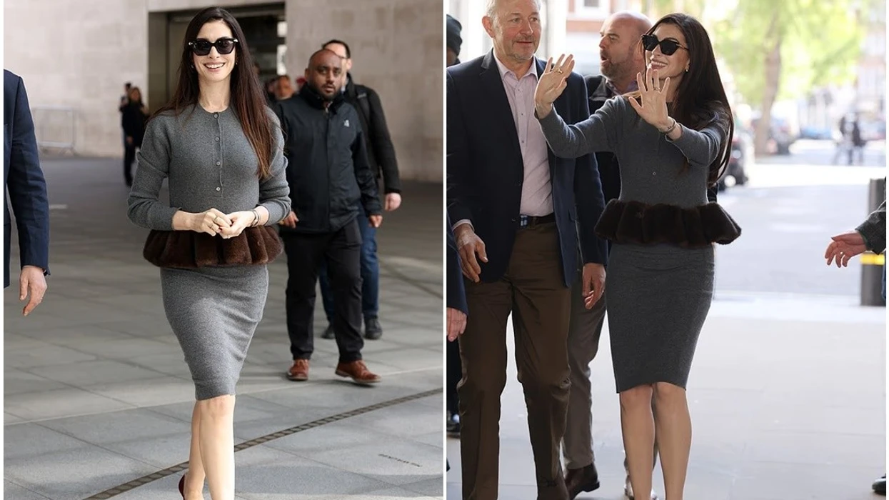 Anne Hathaway me një pamje elegante derisa iu bashkohet kolegëve të kastit për një intervistë në BBC