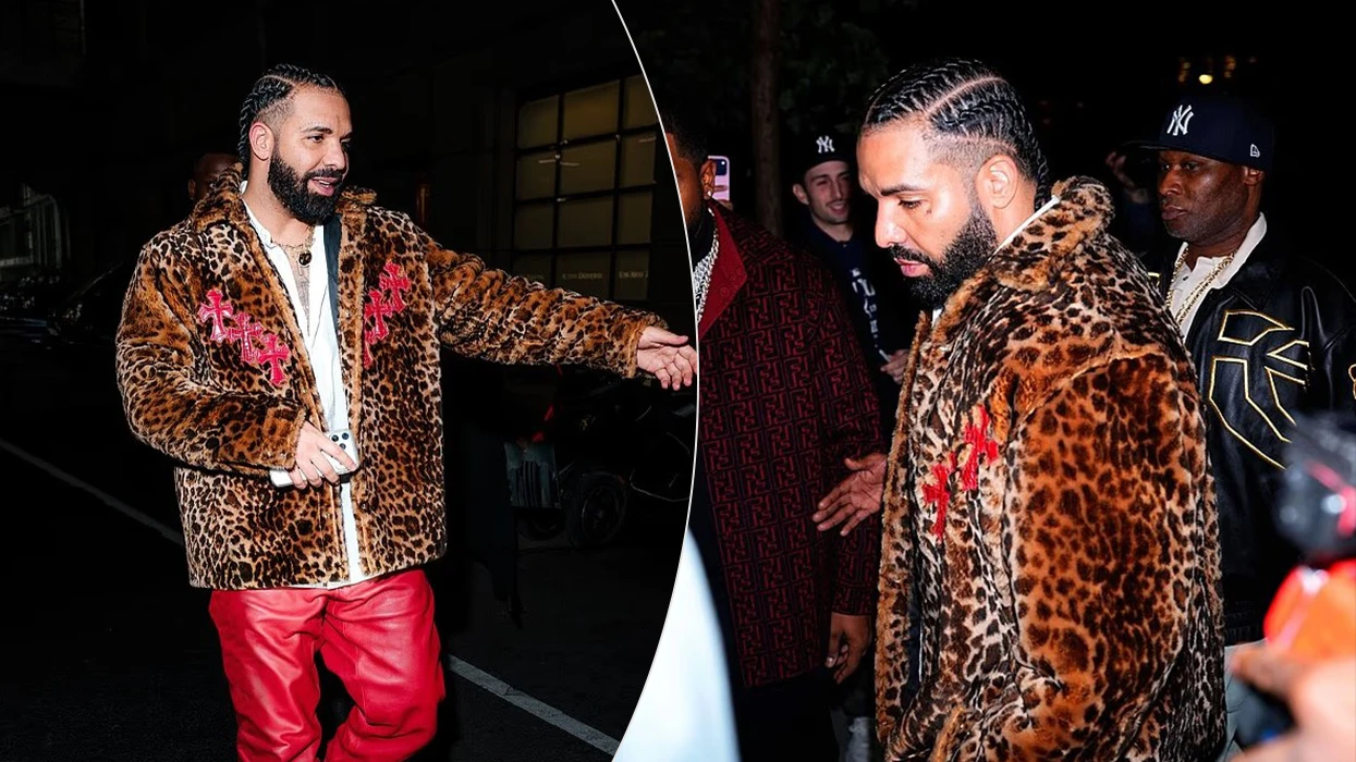Drake feston 40-vjetorin me pallto me motive gepardi dhe pantallona të kuqe lëkure