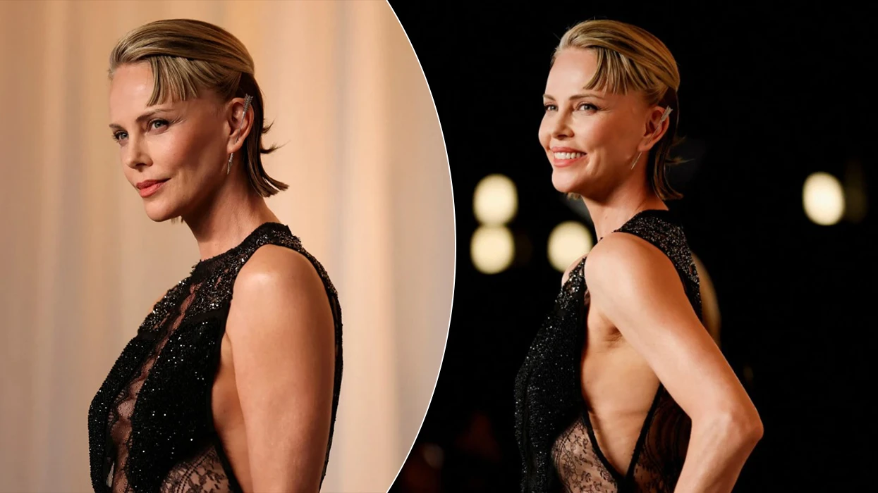 Charlize Theron me fustan të zi nga Tom Ford, me dantellë dhe detaje transparente në Los Angeles